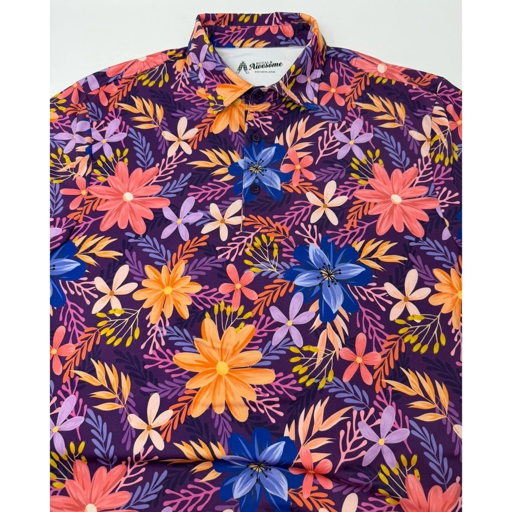 Men's Royal And Awesome Golf Polo‎ Shirt Tropical Purple Floral Size Large